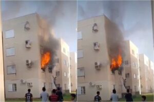 Incêndio atinge segundo andar de condomínio e moradores tentam conter chamas em VG